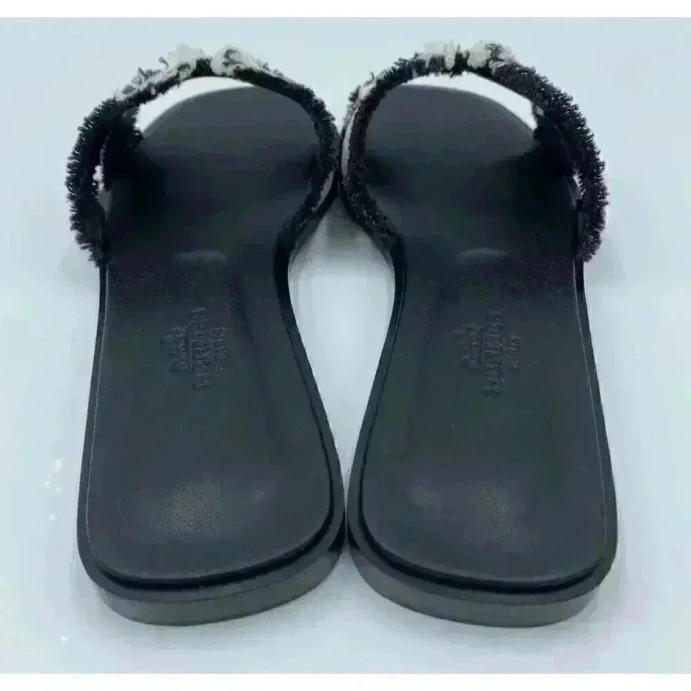 Hermes Oran Sandal Fringed Denim Slides Brown White 36.5 6.5 H Cut Out Leather - Picture 8 of 12